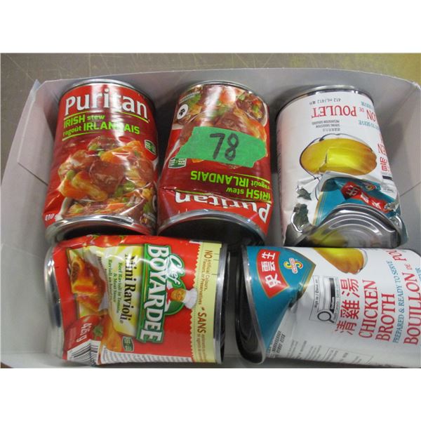 FREIGHT DAMAGE (AS IS):  FLAT C/W 5 ASSORTED CANS OF STEW, SOUP, BROTH, CHEF BOYRDEE