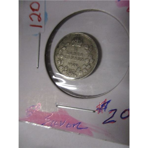 1920 KING GEORGE V CANADA SILVER FIVE CENT