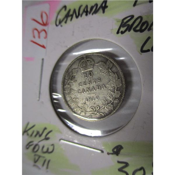 1910 BROAD LEAF KING EDWARD VII CANADA SILVER DIME