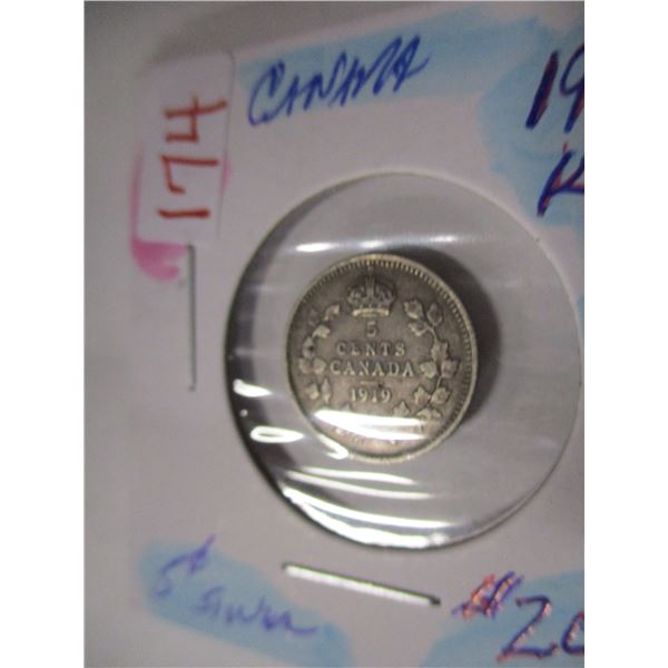 1919 CANADA KING GEORGE V SILVER FIVE CENT
