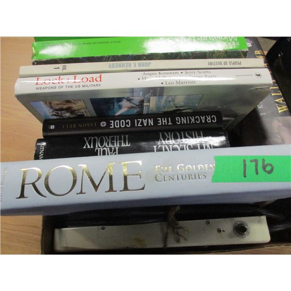 BOX C/W BOOKS, POWER BAR, ROLL OF WIRE, ETC