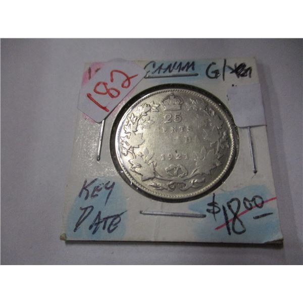 1921 CANADA KEY DATE KING GEORGE V SILVER QUARTER