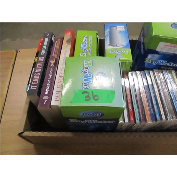 BOX C/W CD'S, BOOKS, ANY WATER SYSTEMS