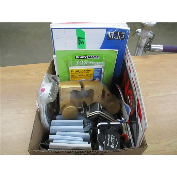 BOX C/W LINED PAPER, EARPHONES, OFFICE SUPPLIES, ETC