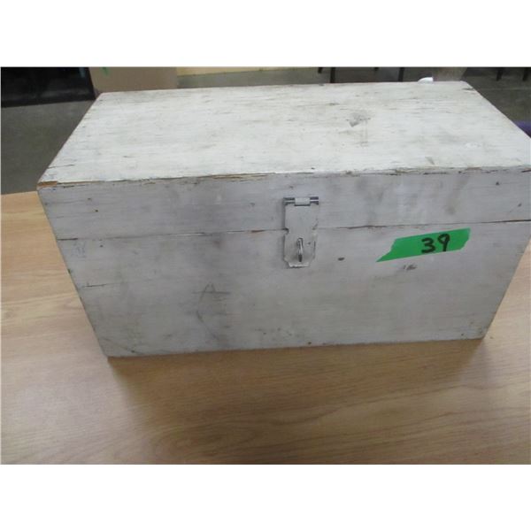 WOOD BOX C/W TOOLS, 12 VOLT COMPRESSOR, GOGGLES, ETC