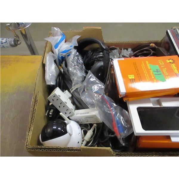 BOX C/W CD'S, PHONE PARTS, ACCESSORIES, ETC