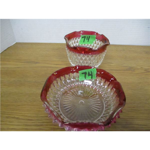 COLLECTABLE:  2 RED TRIM BOWLS (CRYSTAL/CRANBERRY)