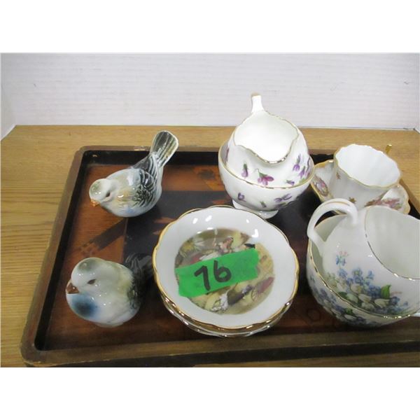 COLLECTABLE:  WOOD TRAY C/W ASSORTED ENGLISH PIECES