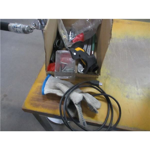 BOX C/W ASSORTED TOOLS & MISC