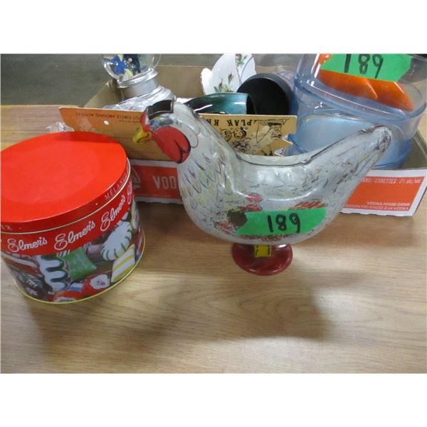 TRAY C/W ASSORTED DISHES, OLD ROOSTER, ETC