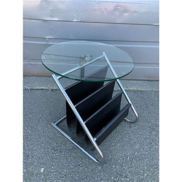 Chrome & Tempered Glass Round Coffee Table With Magazine Holders