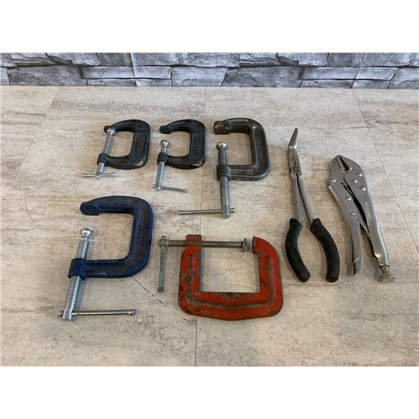 Lot of 5 C Clamps - 1 Vice Grip & 1 Angled Needle Nose