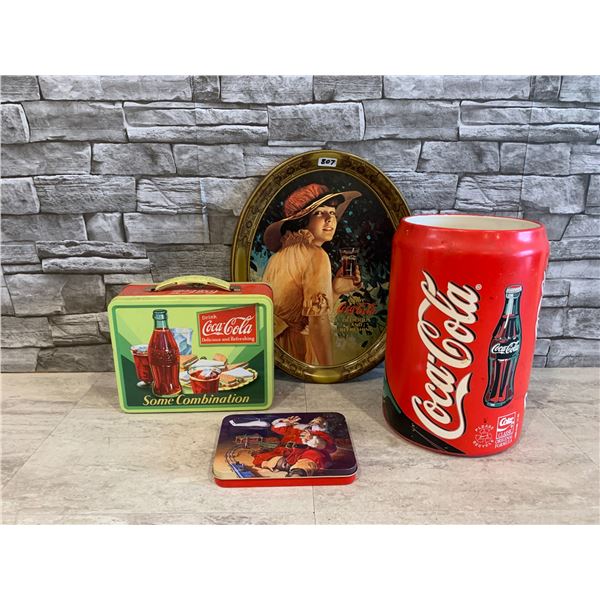 Lot of 4 Pcs Coca Cola Items - Ceramic Cookie Jar/ 2 Tins/ Tray