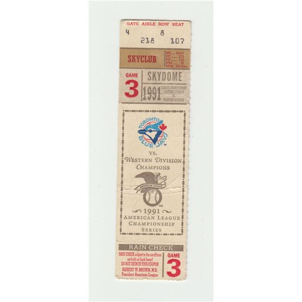1991 Toronto Blue Jays ALCS Game 3 Ticket Stub