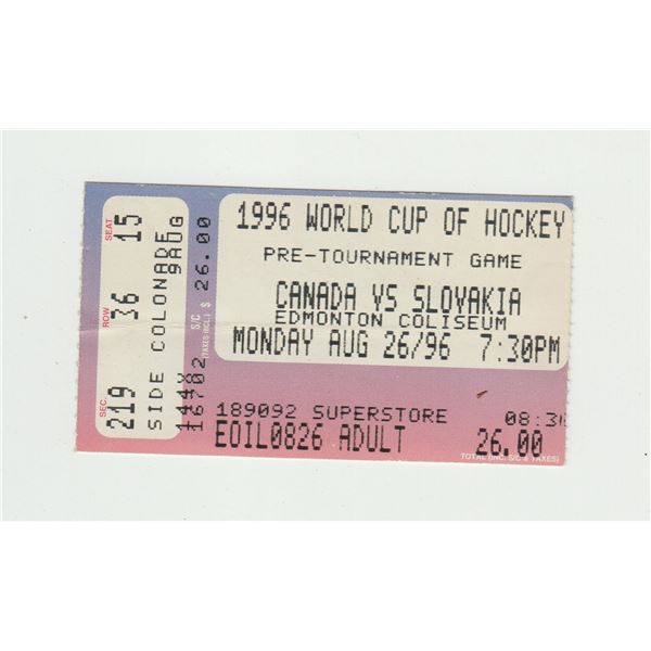 1996 Canada vs Slovakia Pre-Tournament Ticket Stub