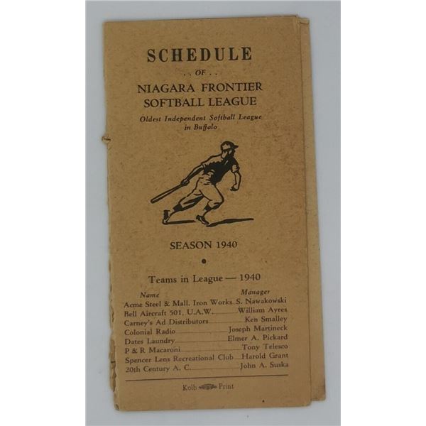 1940 Buffalo Niagara Frontier Softball Schedule