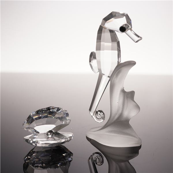 2pc Swarovski Crystal Figurines, Shell and Seahorse, Signed