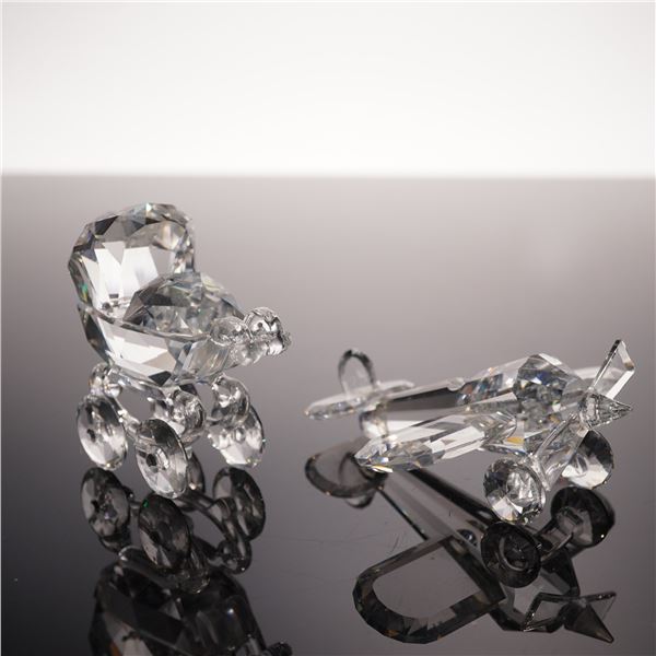 2pc Swarovski Silver Crystal Figurines, Baby Carriage and Airplane
