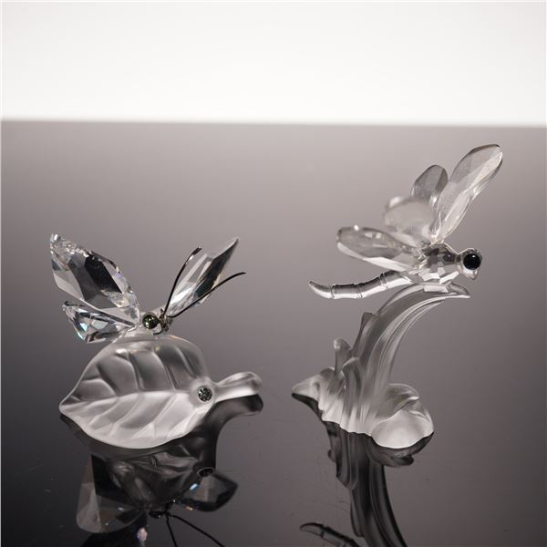 2pc Swarovski Silver Crystal Figurines, Dragonfly and Butterfly on Leaf