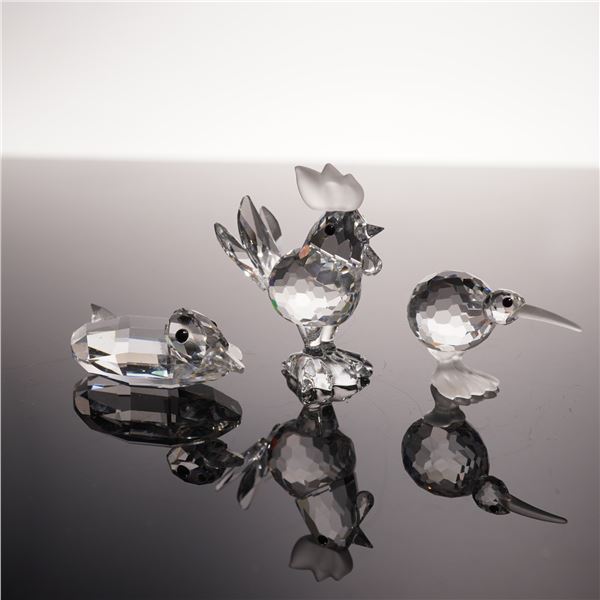 3pc Swarovski Silver Crystal Figurines, Kiwi Bird, Cockerel, Duck