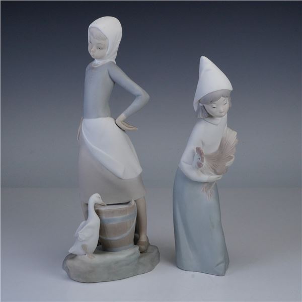 Lladro Porcelain Figurines, Girl w/ Milk Pail & Girl w/ Rooster