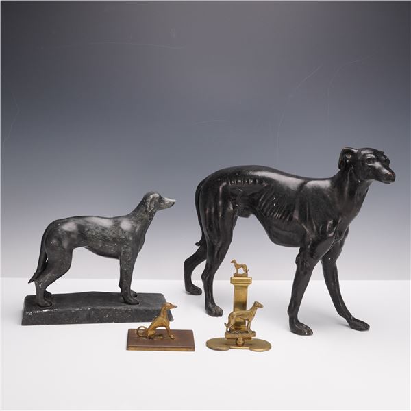 4pc Greyhound Sculptures and Brass Desk Accessories
