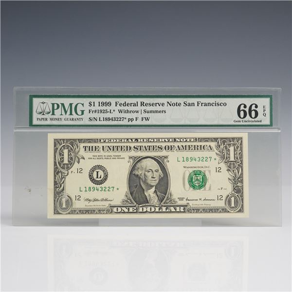 1999 $1 San Francisco Federal Reserve Banknote PMG Graded Gem Unc 66 EPQ