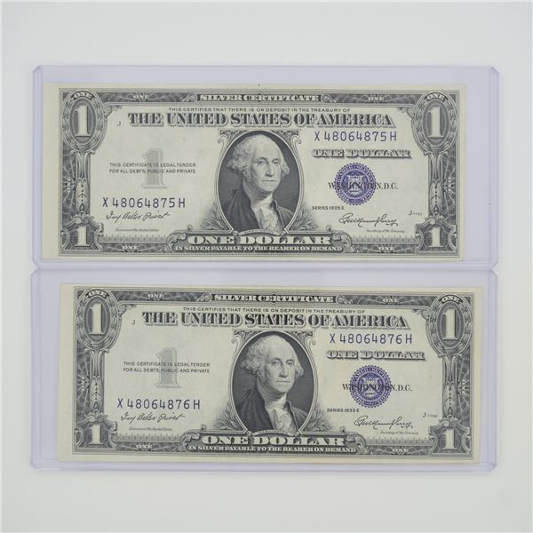2pc 1935 United States $1 Silver Certificate Blue Seal No Motto Banknotes