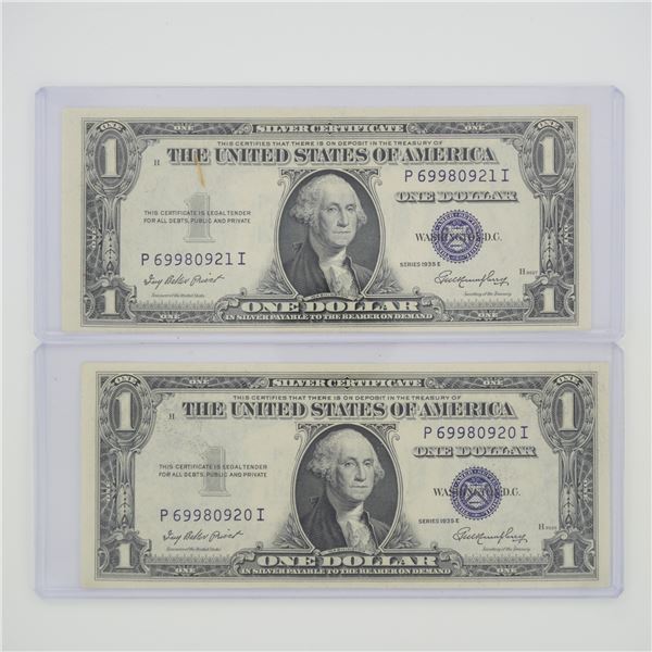 2pc 1935 United States $1 Silver Certificate Blue Seal No Motto Banknotes