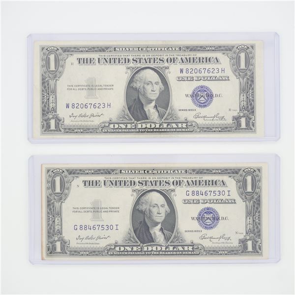 2pc 1935 United States $1 Silver Certificate Blue Seal No Motto Banknotes