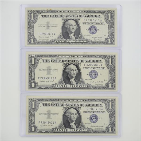 3pc 1957 United States $1 Silver Certificate Blue Seal Motto Banknotes