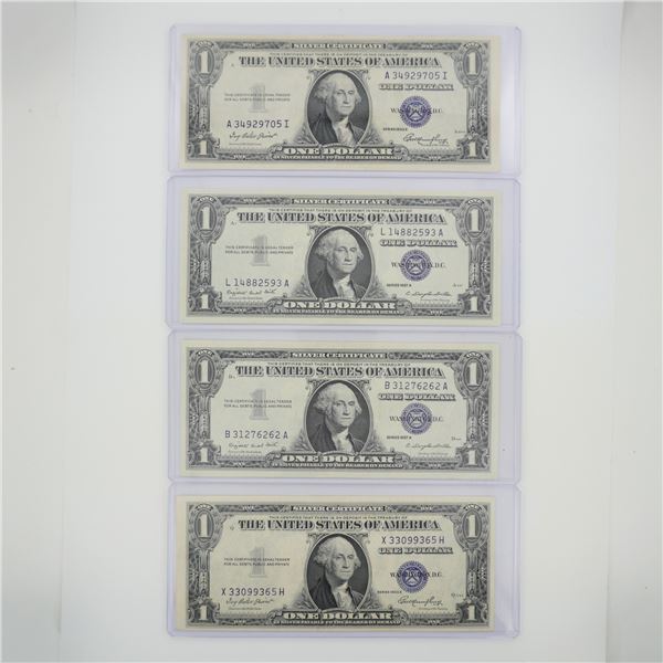 4pc 1935 and 1957 United States $1 Silver Certificate Blue Seal Banknotes