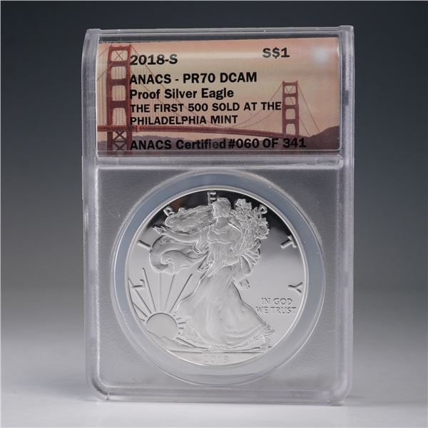 2018-S American Silver Eagle Type 1 Dollar ANACS Graded PR 70 DCAM