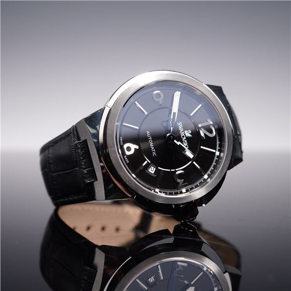 Swarovski Watch, Black Automatic, Stainless Steel Case with Leather Strap