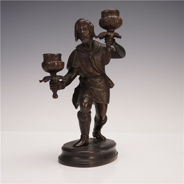 Bronze Medieval Man Figural Double Candlestick