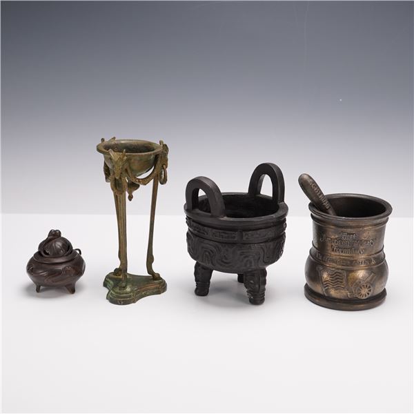 4pc Cast Metal Incense Burners, Ding Vessel, and Mortar with Pestle