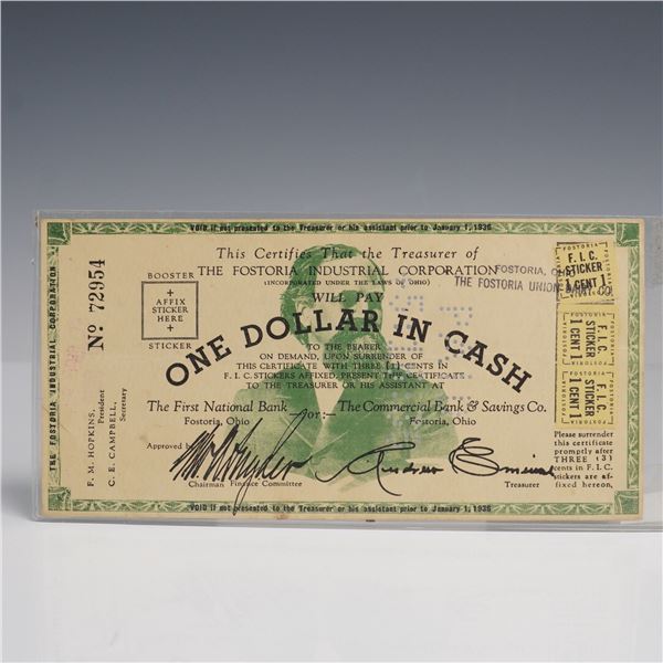 1936 $1 Fostoria Industrial Ohio Scrip Note with Stickers