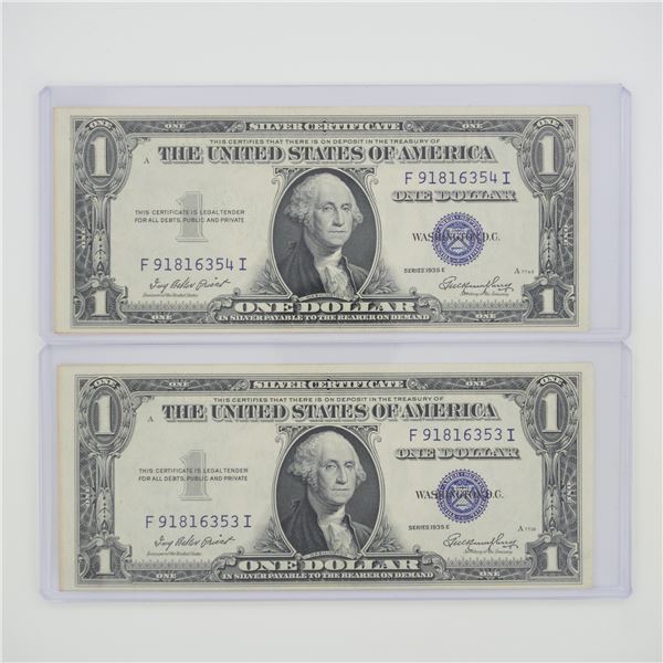 2pc 1935 United States $1 Silver Certificate Blue Seal No Motto Banknotes