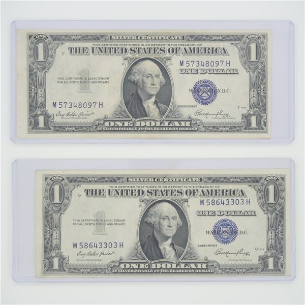 2pc 1935 United States $1 Silver Certificate Blue Seal No Motto Banknotes