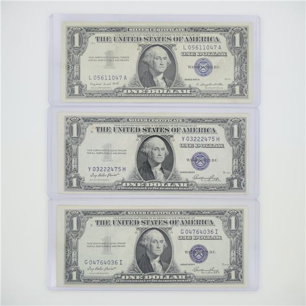 3pc 1935 and 1957 United States $1 Silver Certificate Blue Seal Banknotes