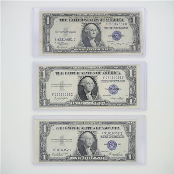 3pc 1935 United States $1 Silver Certificate Blue Seal No Motto Banknotes