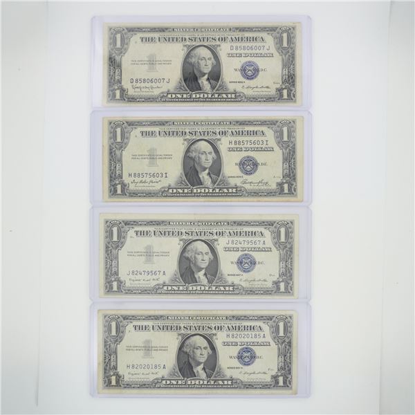 4pc 1935 and 1957 United States $1 Silver Certificate Blue Seal Banknotes