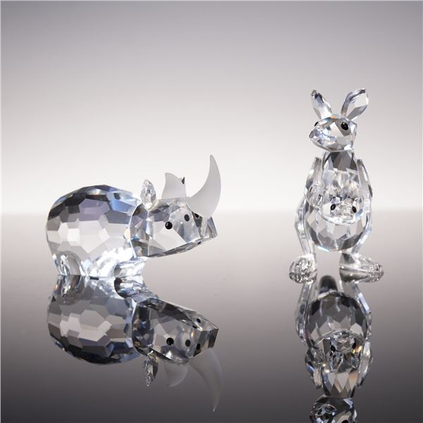 2pc Swarovski Crystal Figurines, Rhino and Kangaroo