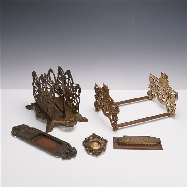 5pc Vintage Ornate Brass and Bronze Desk Accessories