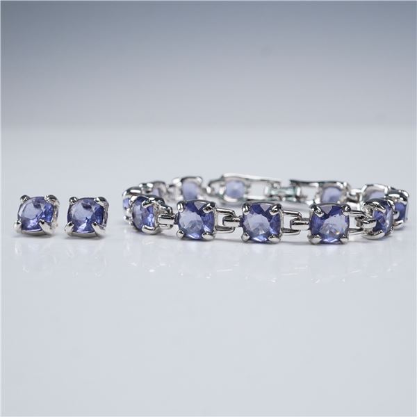 Swarovski Bracelet and Earrings Set Lavender Crystal and Silver Tone