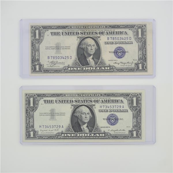 2pc 1935 and 1957 United States $1 Silver Certificate Blue Seal Banknotes