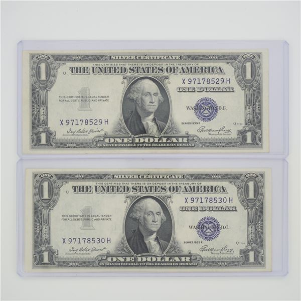 2pc 1935 United States $1 Silver Certificate Blue Seal No Motto Banknotes