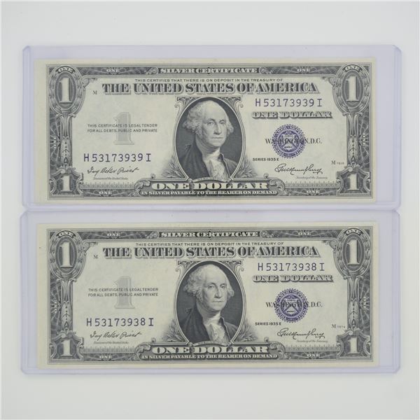 2pc 1935 United States $1 Silver Certificate Blue Seal No Motto Banknotes