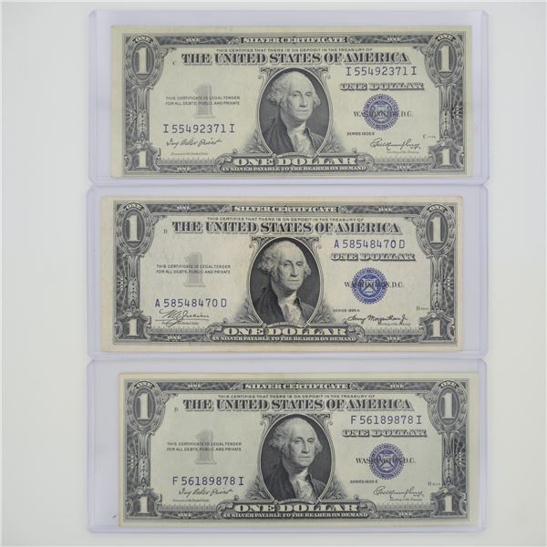 3pc 1935 United States $1 Silver Certificate Blue Seal No Motto Banknotes