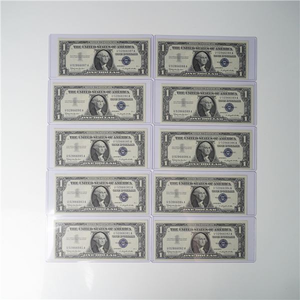 10pc 1957 United States $1 Silver Certificate Blue Seal Motto Banknotes